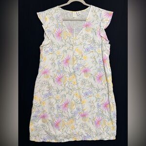 Boutique Joie Floral Linen Ivory Dress in Pink and Yellow Ruffle Cap Sleeves